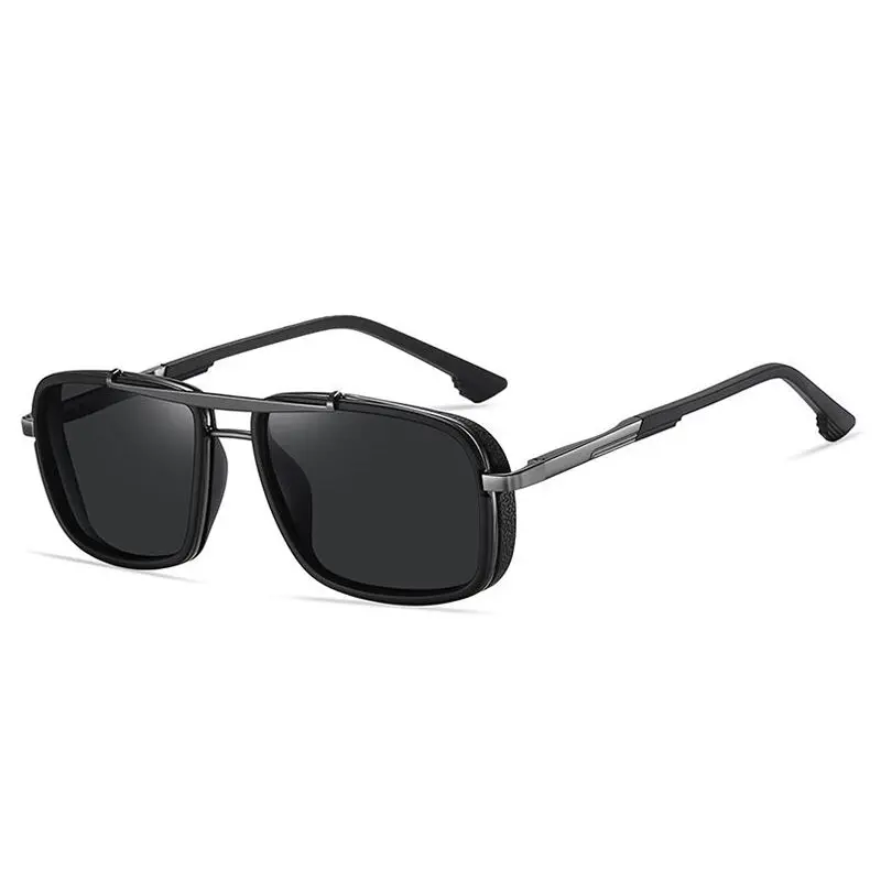 Picture of Punk Double Bridge Sunglasses Square Metal Black Lens Women Men Polarized Sunglasses