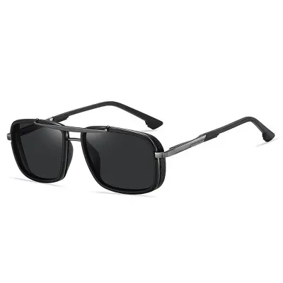Picture of Punk Double Bridge Sunglasses Square Metal Black Lens Women Men Polarized Sunglasses