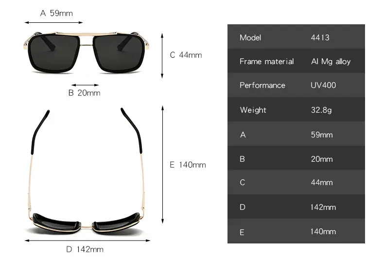 Picture of Punk Double Bridge Sunglasses Square Metal Black Lens Women Men Polarized Sunglasses