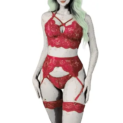 Picture of Solid Lace Bra and Brief Set With Garter Sensual Bandage Women Bra Set Se-xy Lingerie