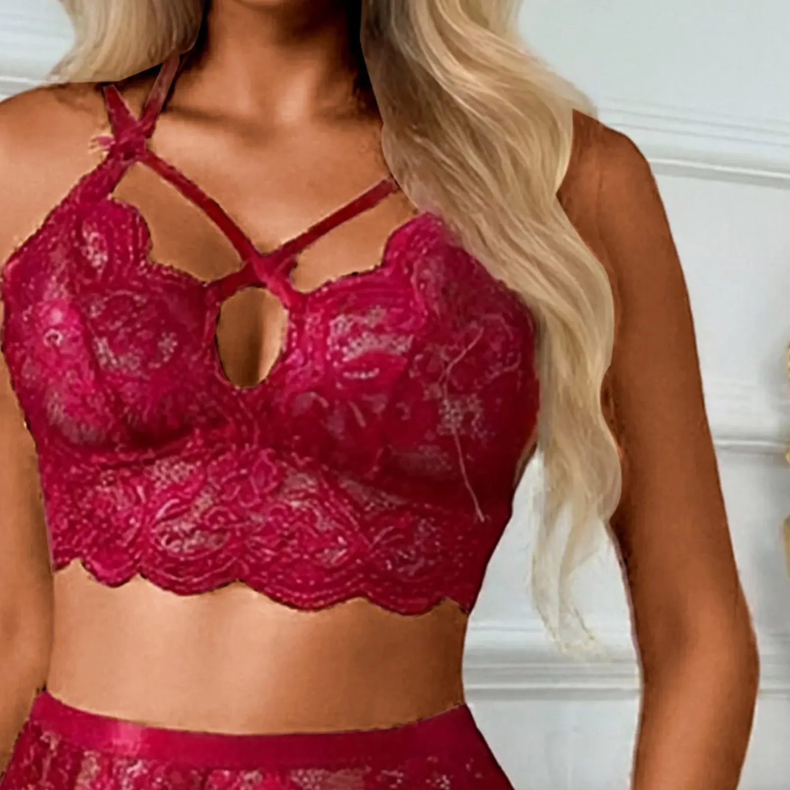 Picture of Solid Lace Bra and Brief Set With Garter Sensual Bandage Women Bra Set Se-xy Lingerie