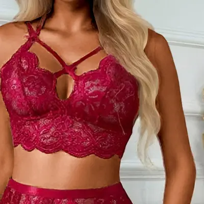 Picture of Solid Lace Bra and Brief Set With Garter Sensual Bandage Women Bra Set Se-xy Lingerie