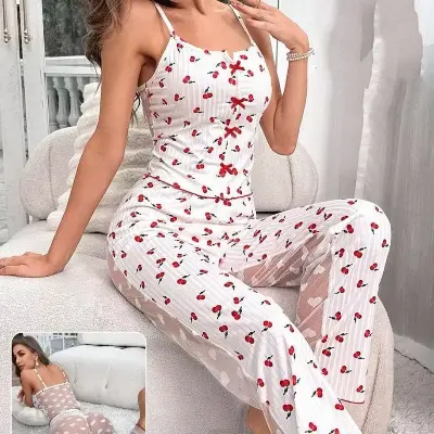Picture of Summer Suspender Suit for Women Breathable Woven Patchwork Mesh Pajamas with Printed Sleepwear