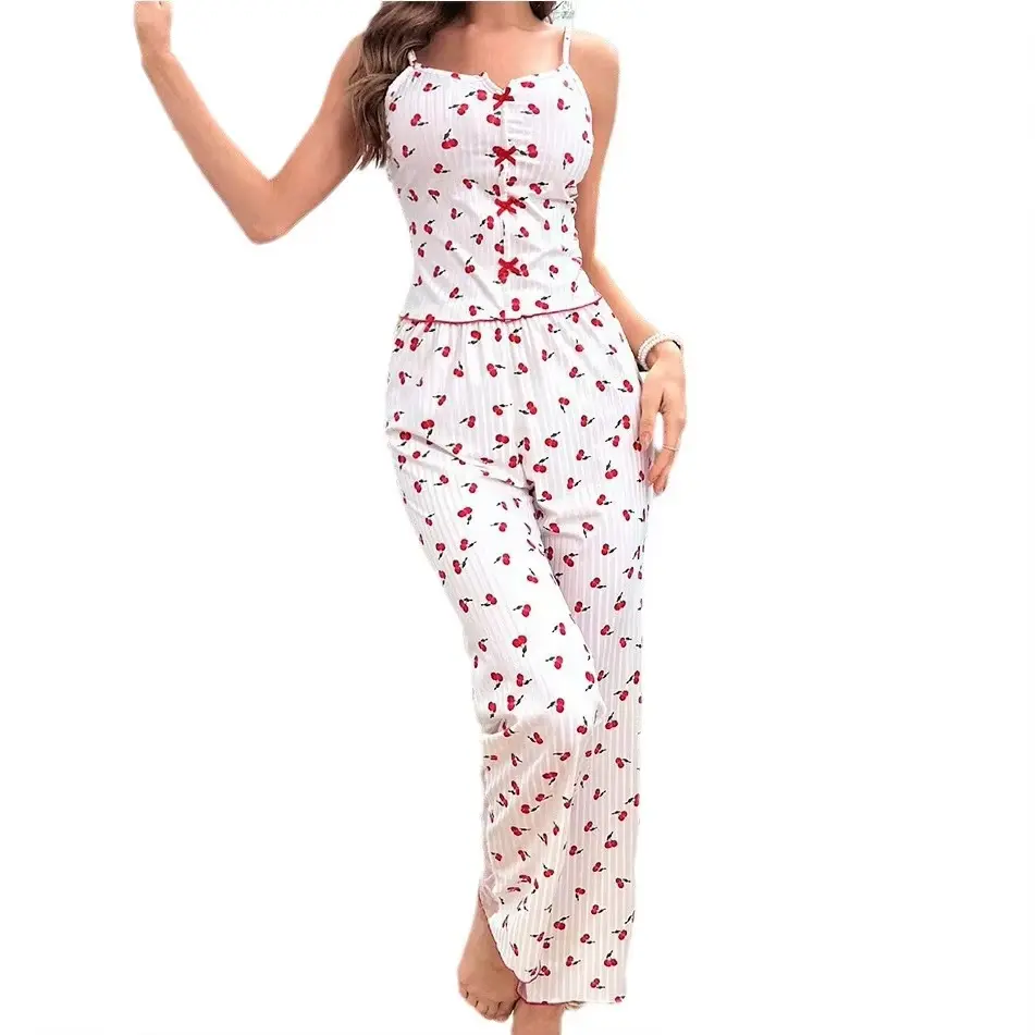 Picture of Summer Suspender Suit for Women Breathable Woven Patchwork Mesh Pajamas with Printed Sleepwear