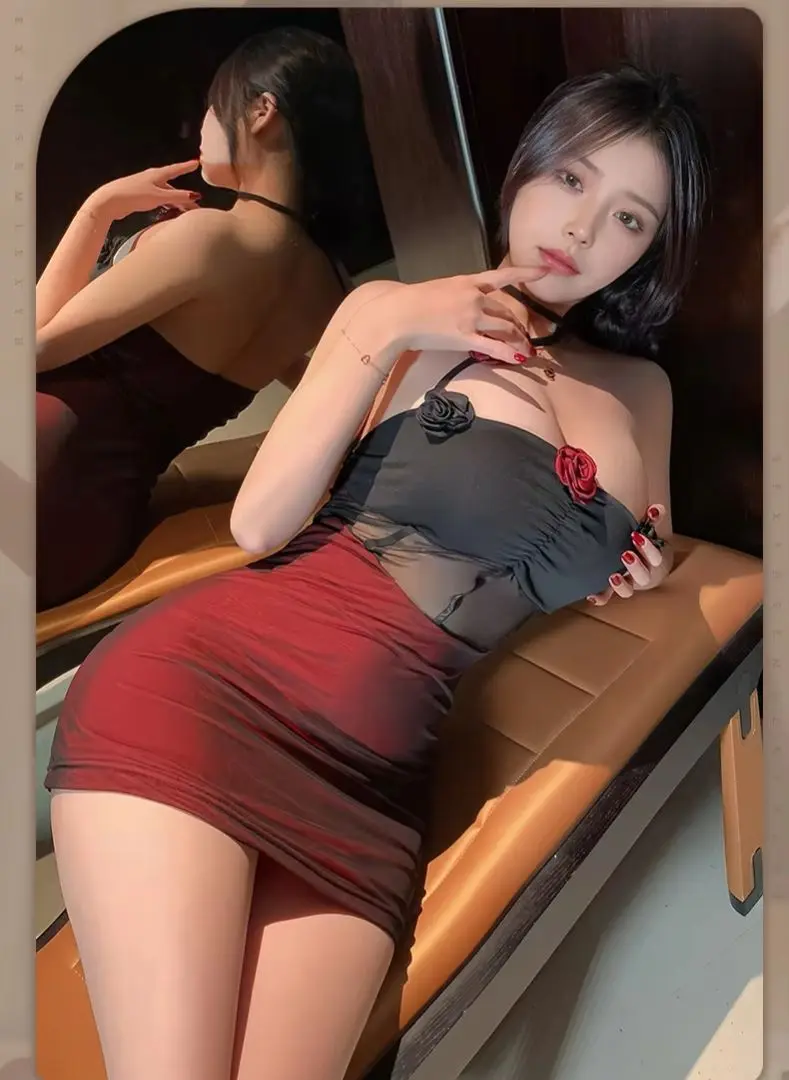 Picture of Women's Summer Nightdress Set Se-xy Pure Desire Style Sheer Mesh Bodycon Short Nightgown Uniform Rose Cheongsam Skinny