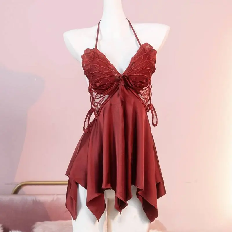 Picture of Se-xy Elegant Breathable V-neck Butterfly Lace Sheer Satin Nightgown Robe Loungewear Chest Pad