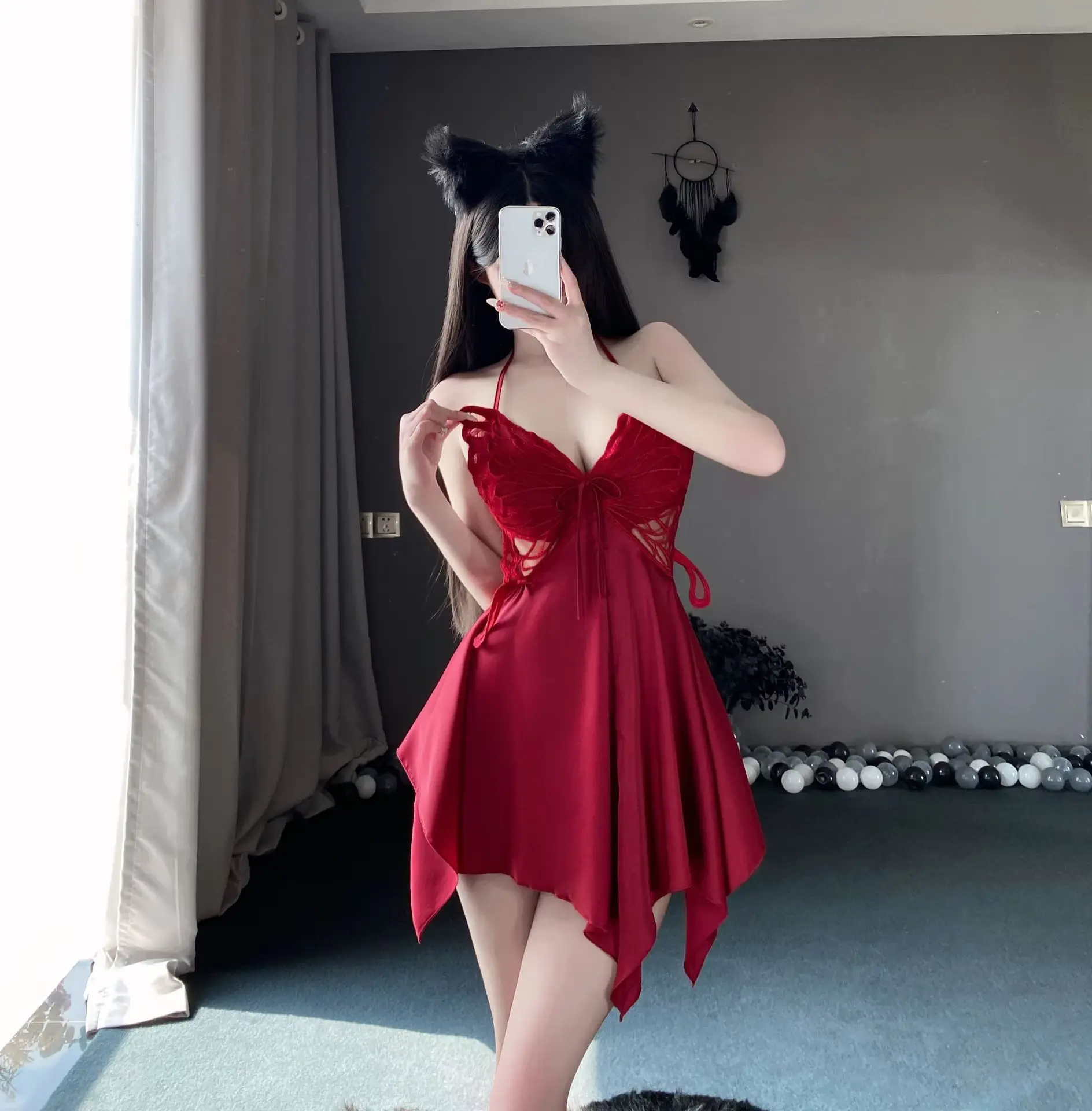 Picture of Se-xy Elegant Breathable V-neck Butterfly Lace Sheer Satin Nightgown Robe Loungewear Chest Pad