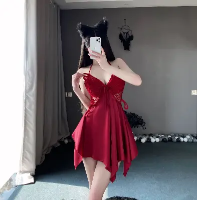 Picture of Se-xy Elegant Breathable V-neck Butterfly Lace Sheer Satin Nightgown Robe Loungewear Chest Pad