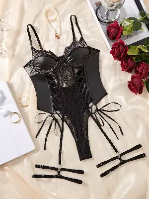 Picture of Chuangerm Spot Se-xy Lingerie Bodysuits Ero-tic Fishing Net Pu Leather Tempting One-Piece Black Women Lingerie