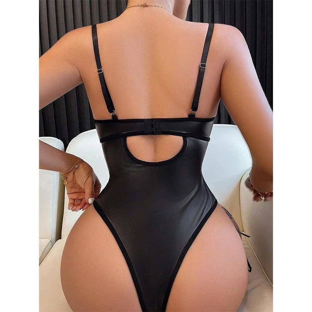 Picture of Chuangerm Spot Se-xy Lingerie Bodysuits Ero-tic Fishing Net Pu Leather Tempting One-Piece Black Women Lingerie