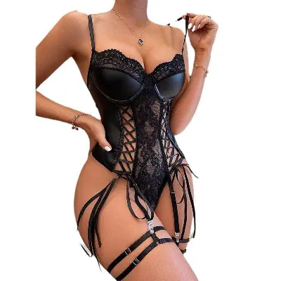 Picture of Chuangerm Spot Se-xy Lingerie Bodysuits Ero-tic Fishing Net Pu Leather Tempting One-Piece Black Women Lingerie