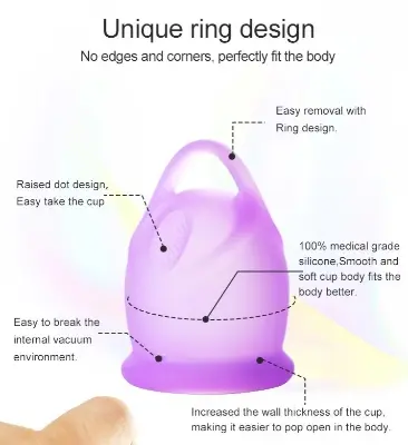 Picture of AEIOU 100% Platinum Grade Silicone CE Approved Women Reusable Menstrual Cup for Women | Green | Purple | Pink | Small Size | Large Size | Pad