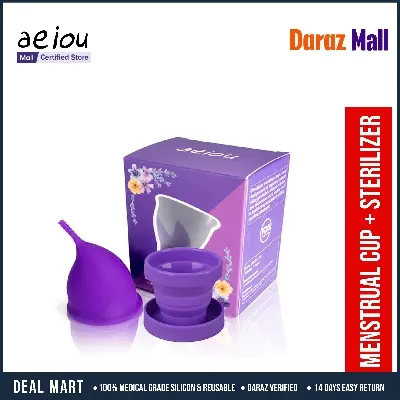 Picture of AEIOU Hypoallergenic Certified Medical Grade Reusable Menstrual Cup and Sterilizer Box | Purple | Large Size | Small Size | Pad