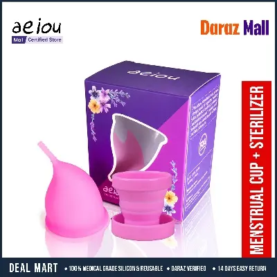 Picture of AEIOU Hypoallergenic Certified Medical Grade Reusable Menstrual Cup and Sterilizer Box | Pink | Large Size | Small Size | Pad