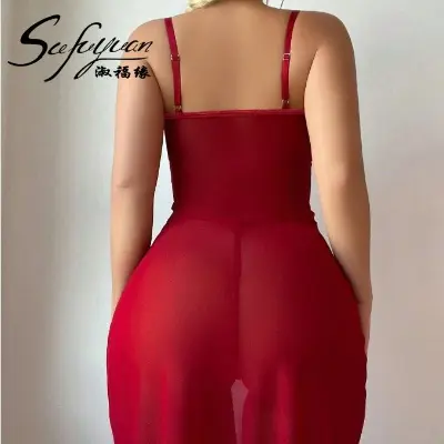 Picture of Suspender Lace Waist Embroidered Hollow Out Transparent Se-xy Mesh Long Skirt Set for Women