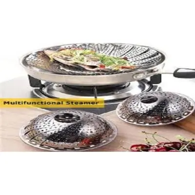 Picture of Hozada Stainless Steel Steamers Foldable Pasta Pot 3 in 1 Steaming Plate Food Fruit Trays Vegetable Rack Drains Dish Cooking Tool Multifunctional Lotus Steamers 27.3cm Adjustable Width (Silver)