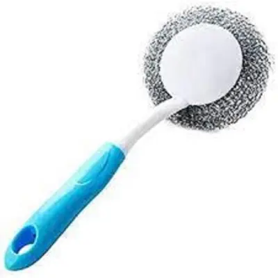 Picture of Useful long handle Kitchen Pot Cleaning Brush Steel Wire Ball Amaranth Handle Scourer (Multicolor)
