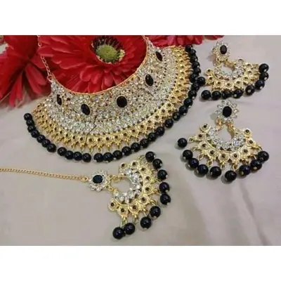 Picture of traditional gold plated wedding bridal choker necklace Ear_ring and tikli, jewellery set for women (Multicolor)