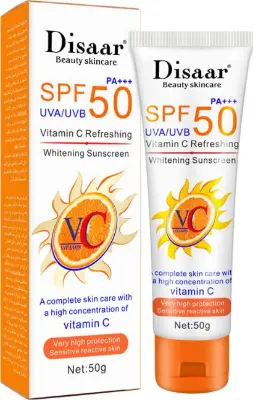 Picture of Disaar Vitamin C Organic Sunscreen SPF 50 Oil Free Sunscreen Instant High Protection sunblock cream 50g White