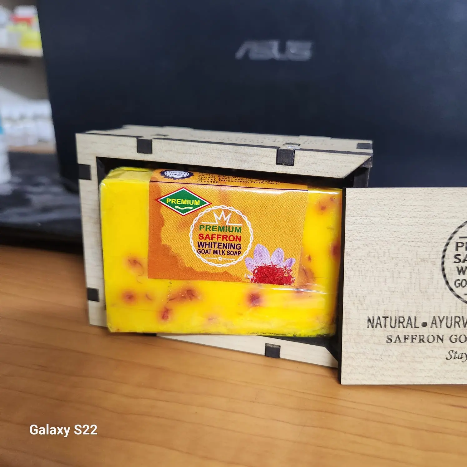 Picture of Real Saffron Goat Milk Soap Bar Wooden Box-100ml Yellow