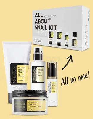 Picture of Cosrx All About Snail Kit 4 Step Gift Set for Dry Skin & Dark Spot (Advanced Snail Mucin Cleanser 20ml, Advanced Snail 96 Mucin Power Essence 30ml, Advanced Snail Peptide Eye Cream 5ml & Advanced Snail 92 All In One Cream 20g) White