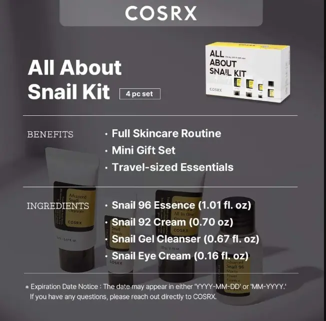 Picture of Cosrx All About Snail Kit 4 Step Gift Set for Dry Skin & Dark Spot (Advanced Snail Mucin Cleanser 20ml, Advanced Snail 96 Mucin Power Essence 30ml, Advanced Snail Peptide Eye Cream 5ml & Advanced Snail 92 All In One Cream 20g) White