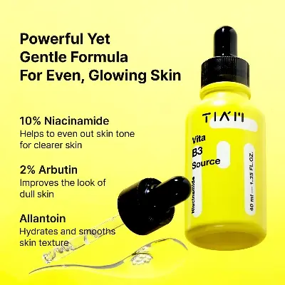 Picture of TIAM Vita B3 Source, 1.35 fl oz, 10% Niacinamide Glow Serum with 2% Arbutin for Even Skin Tone and Dark Spot Care, Vegan Korean Skin Care Yellow