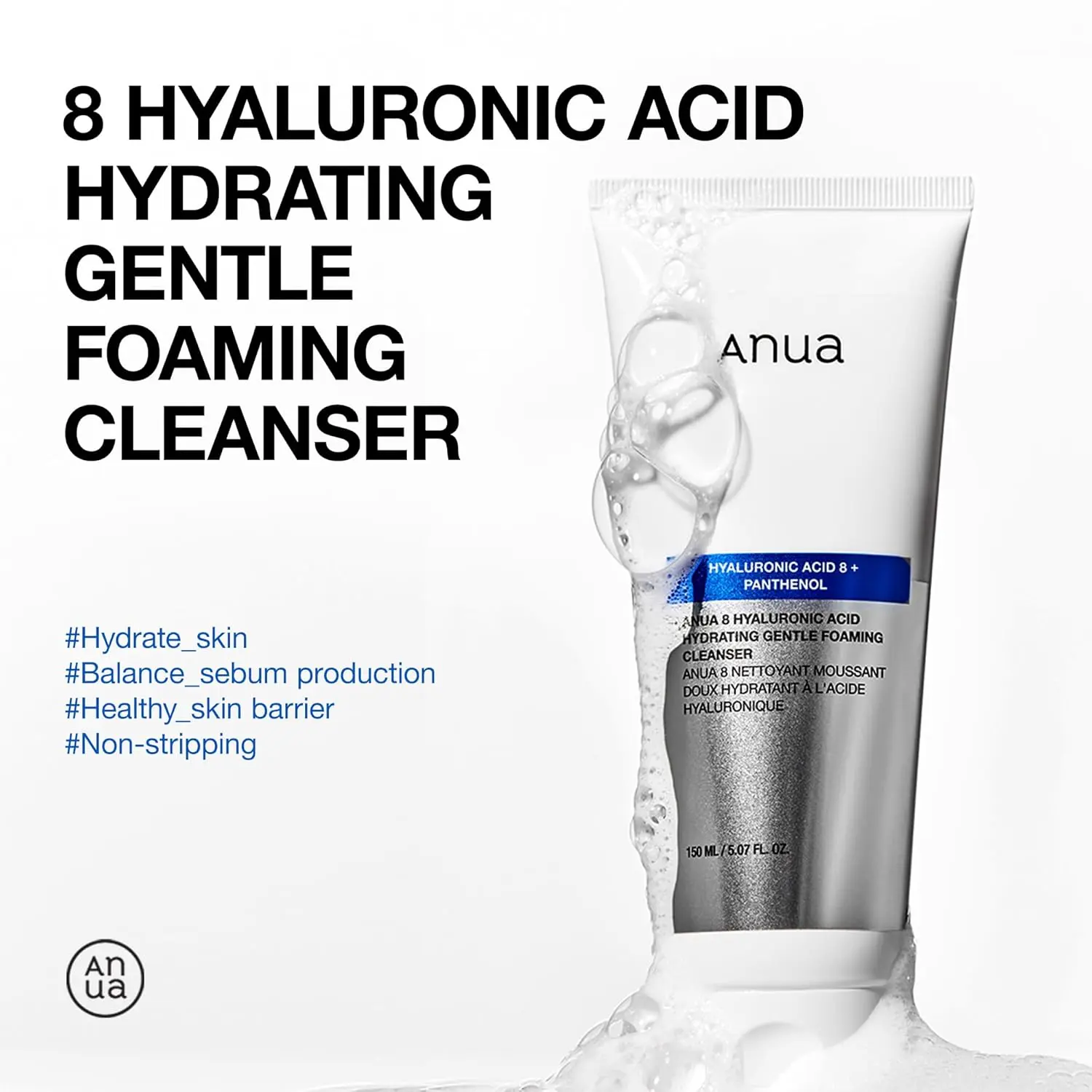 Picture of ANUA Hydrating Gentle Foaming Cleanser, Hyaluronic Acid, Glycerin, Zinc, Panthenol, Korean Face Wash for Dry Skin, for Double Cleansing, Korean Skincare (150ml/5.07fl oz.) White