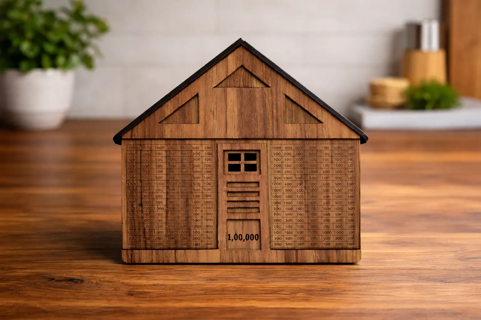 Picture of Wooden House Money Saving Bank – Perfect Gift for Smart Savings (1,00,000 Challenge) Wood
