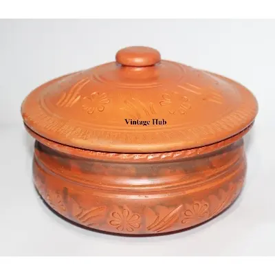 Picture of Clay Terracotta Design Curry Pot With Lid 13x22 cm-Big Size