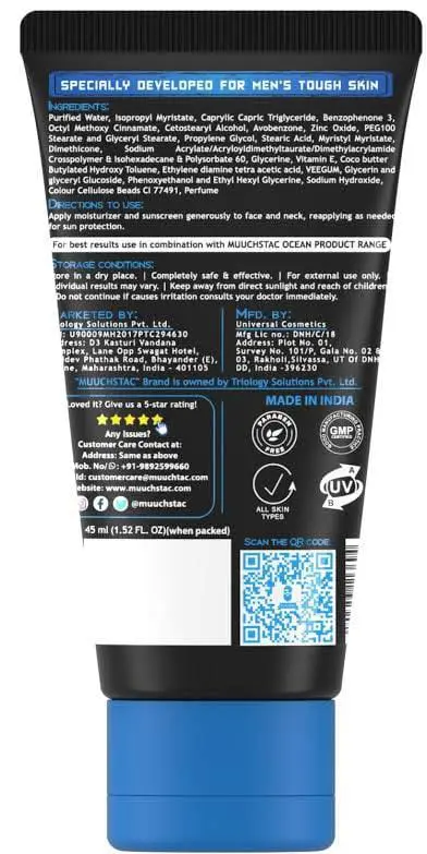 Picture of Muuchstac Mens Ocean Moisturizer & Sunscreen Matte Look Spf 18+ Cream With Turmeric & Aloe Vera Beads, Non-Sticky & Water Resistant 45 Ml - All