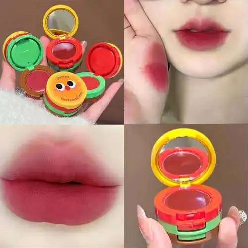 Picture of Butter Hamburger Lip Mud 3 in 1 Waterproof Velvet Red Brown Mousse Lipstick Set Cute Combo Tint Non-stick Cup Lips Makeup new
