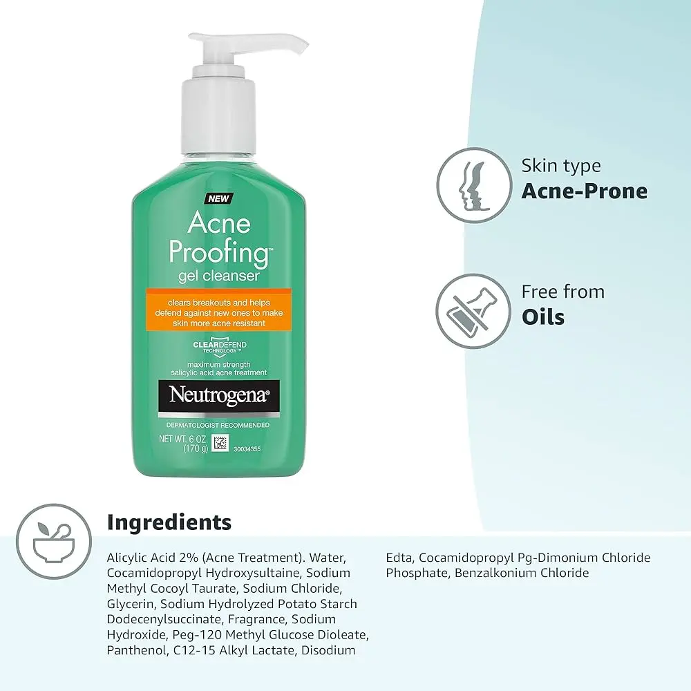 Picture of Neutrogena Acne Proofing Daily Facial Gel Cleanser with Salicylic Acid Acne Medicine, Oil-Free Acne-Fighting Face Wash 170gm