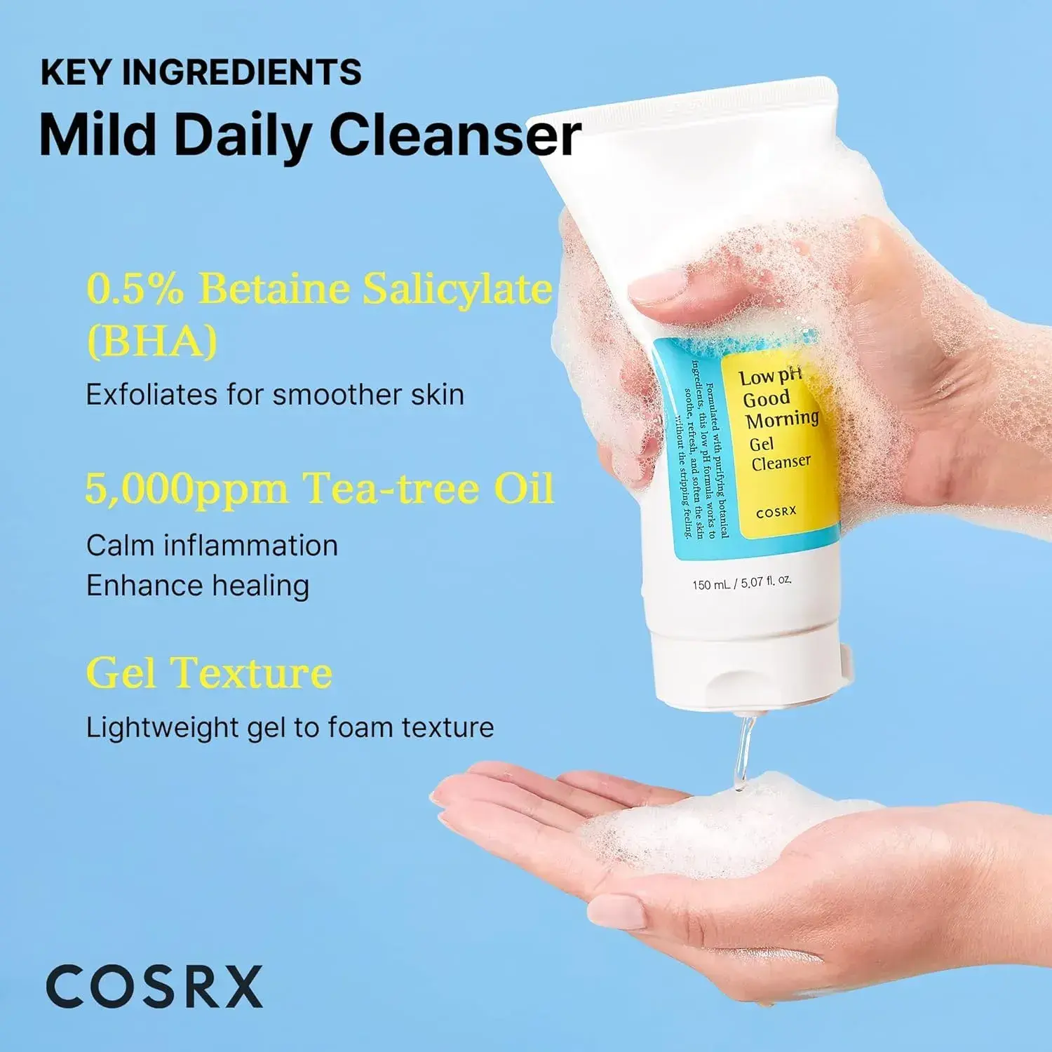 Picture of COSRX Low pH Good Morning Gel Cleanser 150ml Daily Mild Face Cleanser for Sensitive Skin with BHA & Tea-Tree Oil, PH Balancing