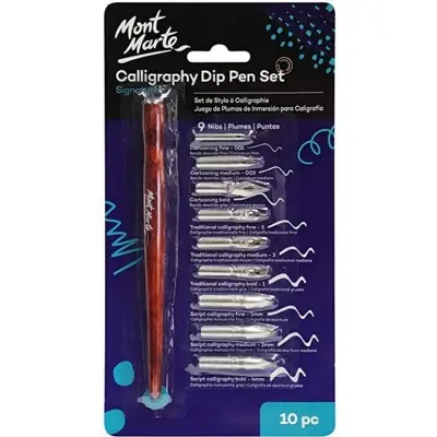 Picture of Mont Marte Calligraphy Dip Pen Set 9 Nibs, Includes Wooden Dip Pen Handle, Interchangeable Nibs - Fountain Pen