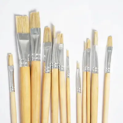 Picture of Artist Oil Color Paint Brush White Bristle Flat- Set of 12pcs