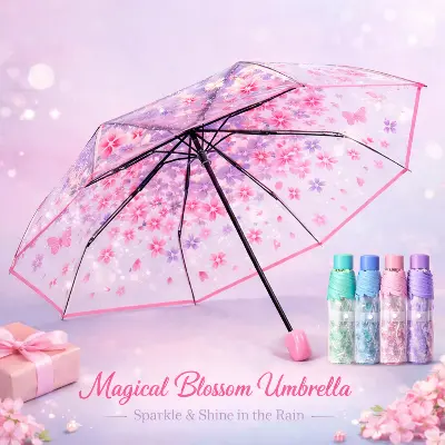 Picture of Transparent Cherry Blossom Folding Umbrella for Women – Cute Portable Gift Umbrella with Floral Design, Lightweight Windproof Rain Umbrella