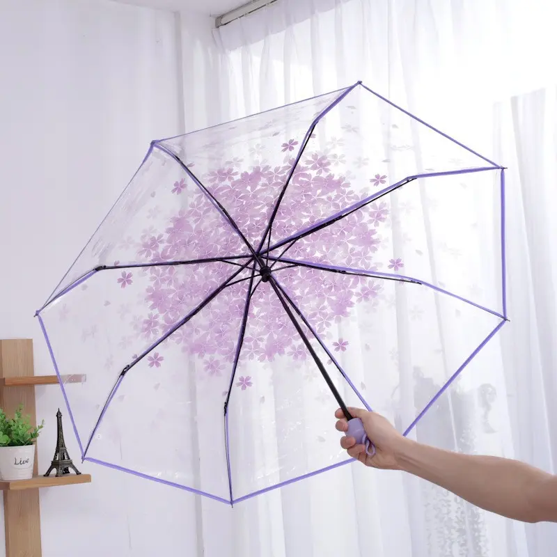 Picture of Transparent Cherry Blossom Folding Umbrella for Women – Cute Portable Gift Umbrella with Floral Design, Lightweight Windproof Rain Umbrella