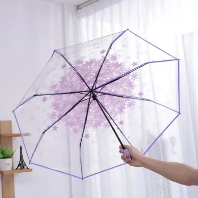 Picture of Transparent Cherry Blossom Folding Umbrella for Women – Cute Portable Gift Umbrella with Floral Design, Lightweight Windproof Rain Umbrella