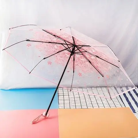 Picture of Transparent Cherry Blossom Folding Umbrella for Women – Cute Portable Gift Umbrella with Floral Design, Lightweight Windproof Rain Umbrella