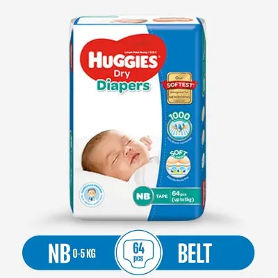 Picture of Huggies Disposable Dry Baby Diaper Belt -  (NB) New Born(0-5 Kg) -64 Pcs - Made in Malaysia