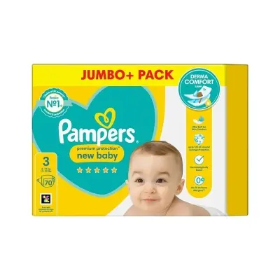 Picture of Pampers Premium Protection New Baby Size 3, 70 Nappies, 6kg - 10kg, Jumbo+ Pack UK