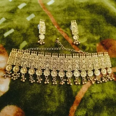 Picture of Antique Gold End Black Choker Necklace With Earrings - Necklace For Girls - Necklace S