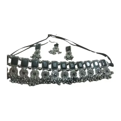 Picture of Oxidised Lotus Choker necklace with earring set for women - Necklace For Girls
