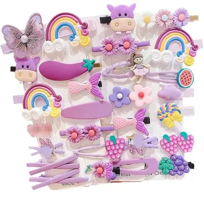 Picture of কোরিয়ান শৈলী কার্টুন চুলের ক্লিপ বাচ্চাদের এবং মেয়েদের জন্য সেট || মাল্টি ডিজাইন সহ Barrettes | | 1টি কার্ডের প্যাক (গোলাপী-14 হলুদ-14, টি ক্লিপ)