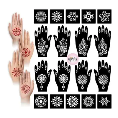 Picture of 4 pcs Henna Stencil Indian Style Flower Lace Hands Glitter Airbrush for Women Hand Makeup Paint Mehndi Tattoo Template Reusable