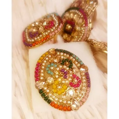 Picture of Indian Gold Plated multicolor Pearl ston Finger Ring For Women - Ring For Girls