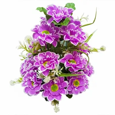 Picture of bouquet of artificial flowers, specifically purple dahlias, often used for decorative purposes in homes or businesses. 