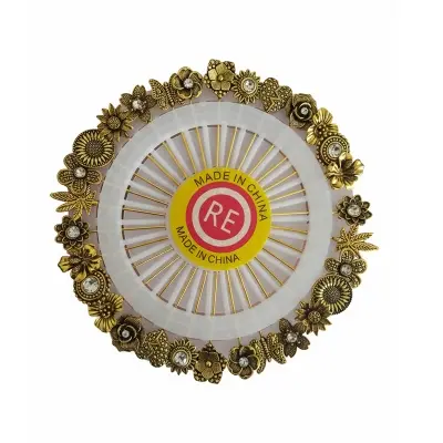 Picture of hijab pins. These are a type of brooch or pin used by Muslim women to secure their headscarves, often featuring decorative elements like the gold flowers and crystals seen here. 