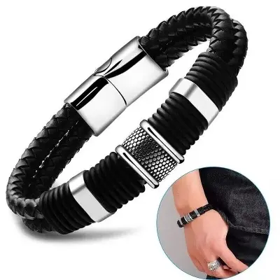 Picture of Braided Leather Rope Bracelet Stainless Steel Magnetic Buckle Bracelet For Men
